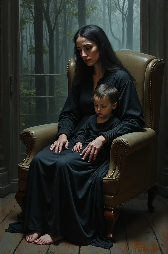 Make a painting of a woman wearing an old black dress, sitting in a dark armchair, with a sad child by your side, in front of a dark forest