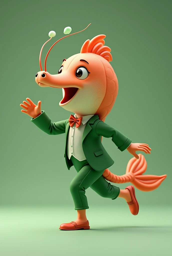 (photorealism:1.2), Create a 3D mascot for Kabupaten Sidoarjo that combines a shrimp and a milkfish. The mascot should be depicted in a running pose with a cheerful expression. It should be dressed in an elegant green outfit. The design should convey both sophistication and friendliness