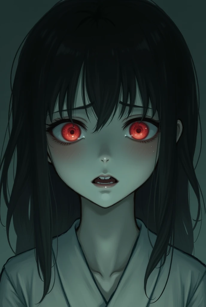 A young Japanese girl has a ghost story-like face。
But please make sure it's as bloodless as possible.。
However, please make the facial expression one of fear or anger.。