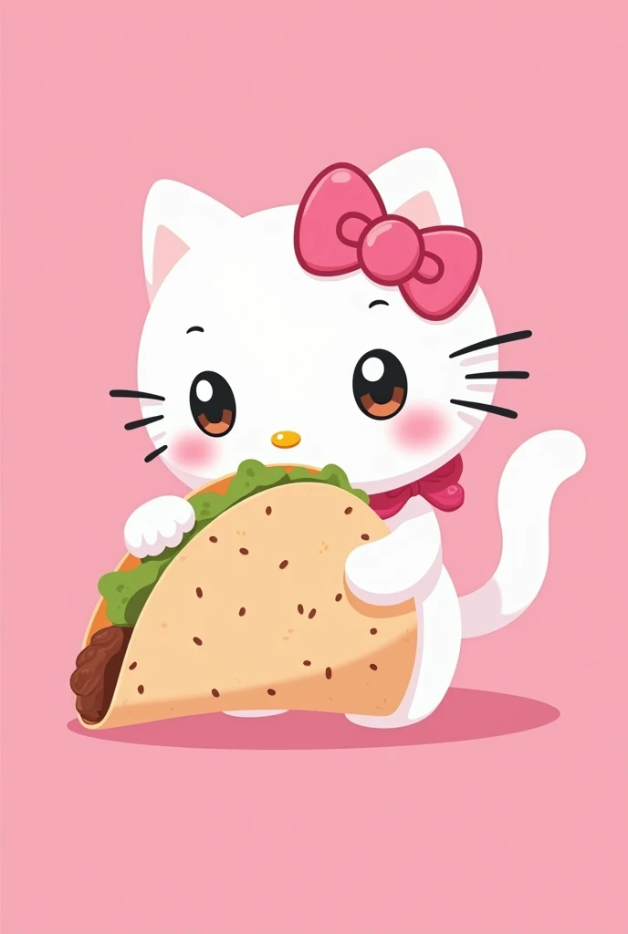Cat with a pink ribbon collar, hello kitty style, white, studio ghibli style, eating a pink tortilla taco, anime style, in the shape of a logo, with a pink background