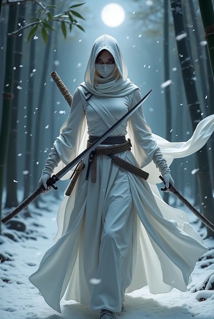 Create an image of the 'Porcelain Assassin,' a lethal ninja clad entirely in sleek, white armor that resembles delicate porcelain. Her figure is graceful yet deadly, with the armor intricately designed, featuring subtle floral patterns and cracks that mimic the look of fine porcelain, yet reinforced with high-tech materials for flexibility and protection. Her face is partially concealed by a porcelain mask, with only her piercing, ice-cold eyes visible, reflecting a steely focus and precision.

In a dynamic combat stance, she wields a pair of razor-sharp katanas, their blades gleaming with an ethereal, cold light. Several other weapons are strategically placed on her person—throwing stars, concealed daggers, and a small crossbow strapped to her back. The white fabric of her outfit flows with her movements, blending seamlessly into the snowy environment around her.

The background is a dark, moonlit night in a secluded bamboo forest, with snow gently falling, contrasting against her pure white form. The trees cast long shadows, and the ground is lightly dusted with snow, further emphasizing her ability to blend into her surroundings. The atmosphere is tense, as if she's poised to strike at any moment, her presence both elegant and terrifying, embodying the lethal precision of a master assassin."

This prompt should inspire the creation of an image that captures the lethal elegance of the "Porcelain Assassin" in her white ninja armor, fully armed and ready for combat.








