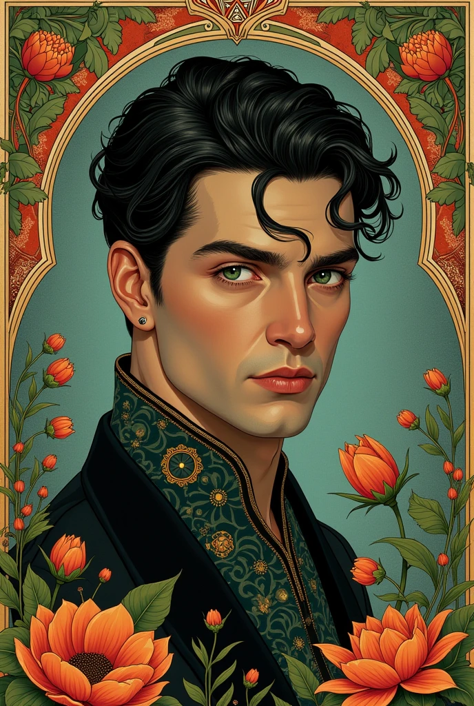 A profile of a foreign man, like a Mucha poster