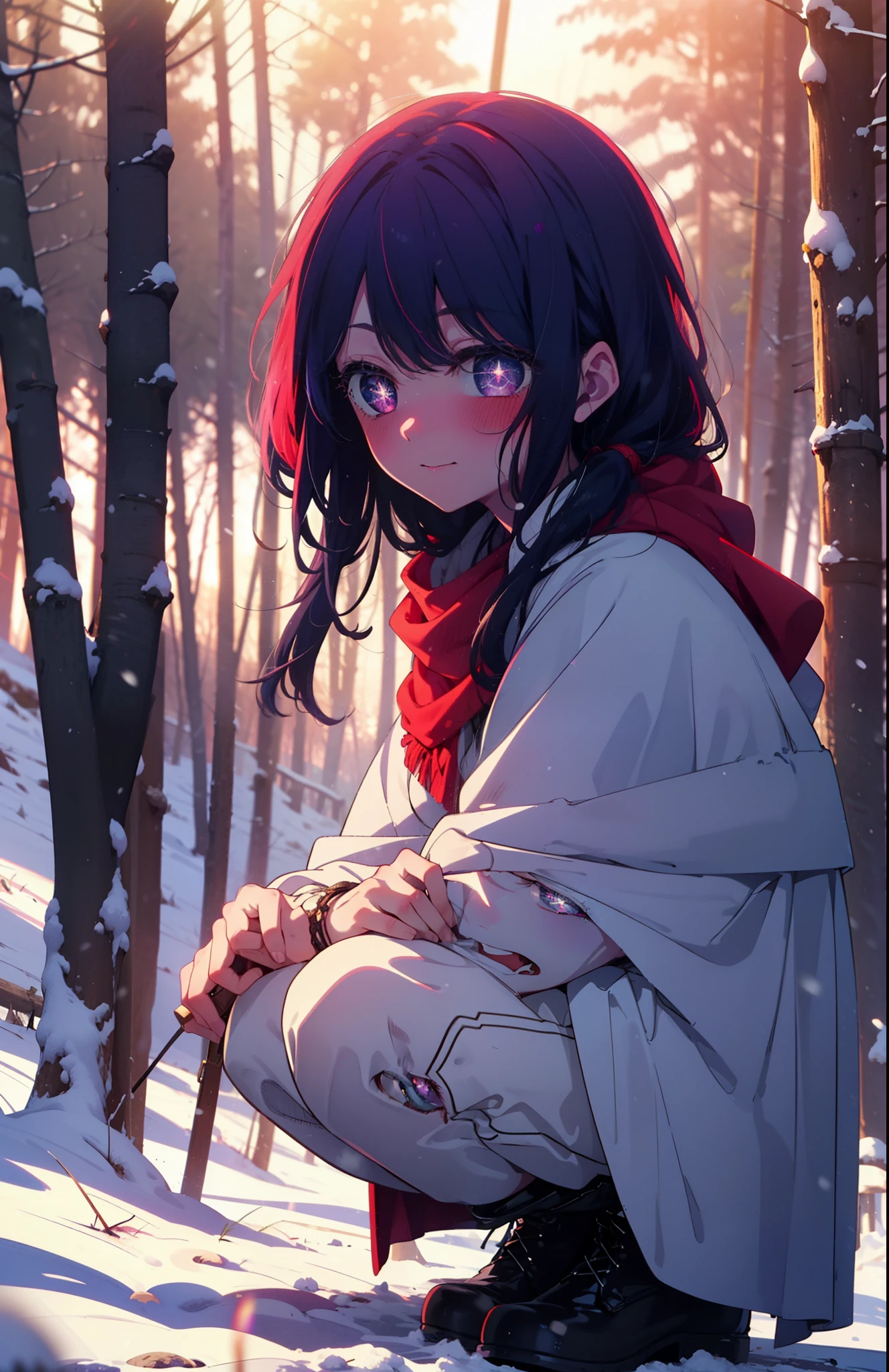 aihoshino, Ai Hoshino, Long Hair, bangs, (Purple eyes:1.1), Purple Hair, (Symbol-shaped pupil:1.5), smile,,smile,blush,white breath,
Open your mouth,snow,Ground bonfire, Outdoor, boots, snowing, From the side, wood, suitcase, Cape, Blurred, , forest, White handbag, nature, Squat, Mouth closed, Cape, winter, Written boundary depth, Black shoes, red Cape break looking at viewer, Upper Body, whole body, break Outdoor, forest, nature, break (masterpiece:1.2), Highest quality, High resolution, unity 8k wallpaper, (shape:0.8), (Beautiful and beautiful eyes:1.6), Highly detailed face, Perfect lighting, Extremely detailed CG, (Perfect hands, Perfect Anatomy),
