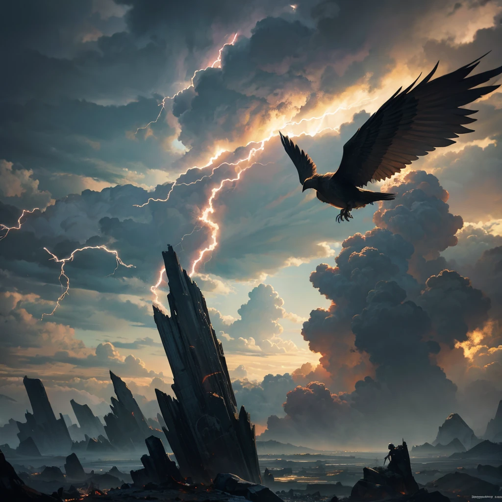 a winged soul falling from the sky with stormy clouds, one of the lightning bolts strikes one of the soul's wings, renaissance style painting, chiaroscuro lighting, dramatic composition, cinematic, dramatic, dark, moody, intricate details, hyper realistic, 8k, best quality, masterpiece