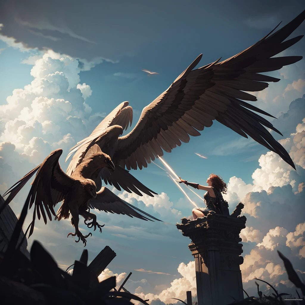 a winged soul falling from the sky with stormy clouds, one of the lightning bolts strikes one of the soul's wings, renaissance style painting, chiaroscuro lighting, dramatic composition, cinematic, dramatic, dark, moody, intricate details, hyper realistic, 8k, best quality, masterpiece