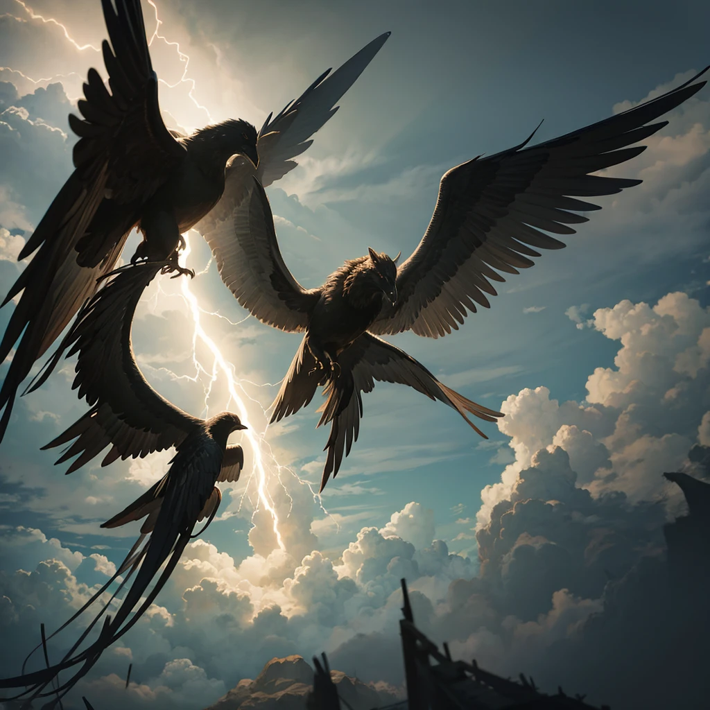 a winged soul falling from the sky with stormy clouds, one of the lightning bolts strikes one of the soul's wings, renaissance style painting, chiaroscuro lighting, dramatic composition, cinematic, dramatic, dark, moody, intricate details, hyper realistic, 8k, best quality, masterpiece