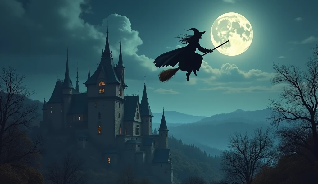 A witch soaring through the sky on her broomstick, high above a medieval village, with a full moon illuminating the scene, detailed textures and realistic lighting