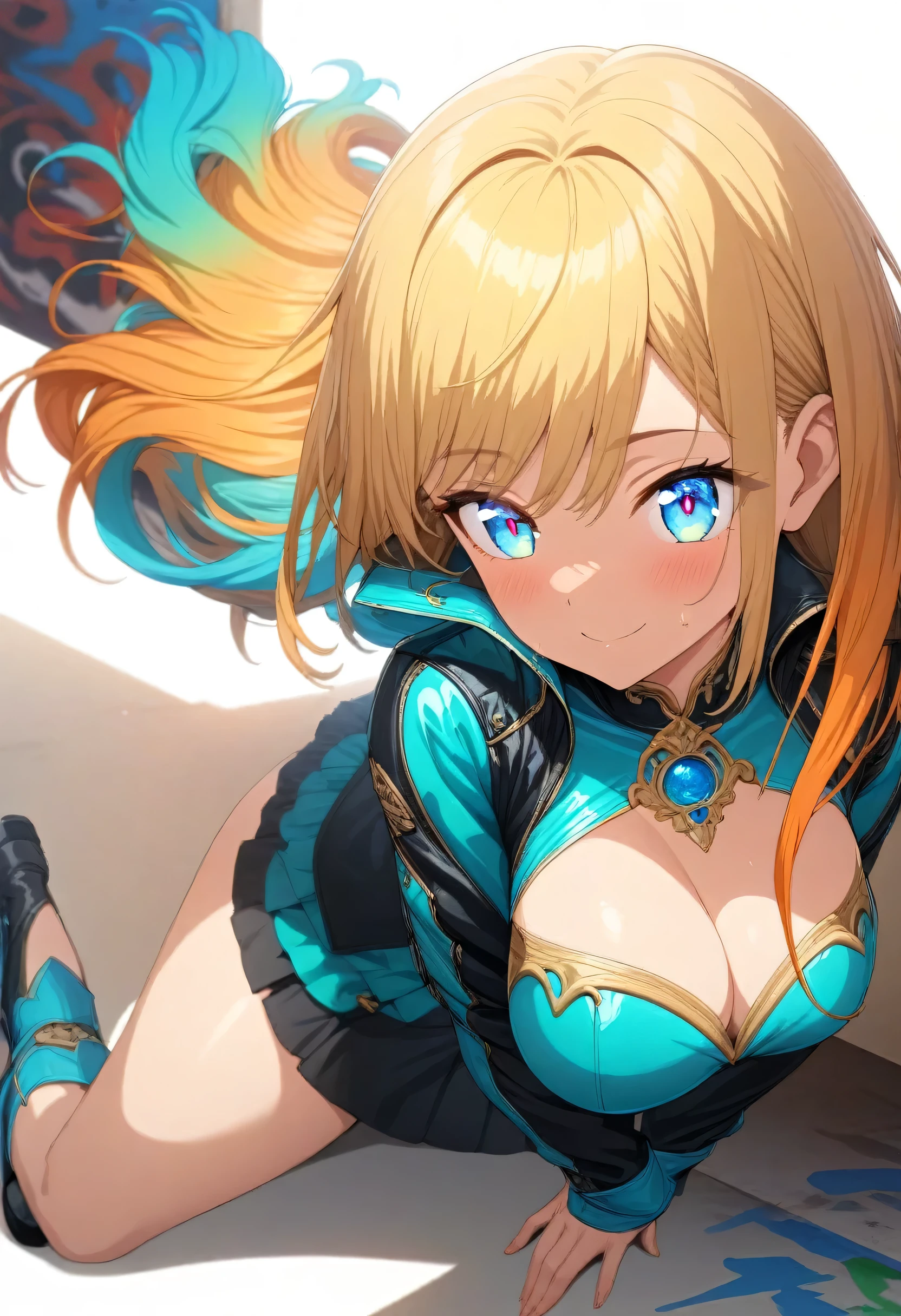 One Girl、Orange Hair、blue eyes、White Line Gradient Hair、Bangs are straight,Detailed Background, masterpiece,Small breasts、 Highest quality, smile, ornament,Portraiture, Blue Neon, graffiti, Glowing Eyes, Highest quality, One Girl,((美しいOrange Hair色))、(Emerald blue eyes:1.5), , Yellow hair growing on the eye, (Large Breasts:1.2), break looking at viewer, break indoors, break (masterpiece:1.2), Highest quality,High resolution, (shape:0.8), (Beautiful and beautiful eyes:1.6), Highly detailed face, Perfect lighting, Detailed CG, (Perfect hands, Perfect Anatomy)、Wistful face、Haa、Embarrassing expression(1:2)、Rough I breatheing、(((Legs wide open)))、(((White Background)))、White Background、Red face、blush、Embarrassing、Vtuber model,whole body、Sweat、I breathe、(((Life-size model)))、panic、(((Platform boots)))、panic、((whole body))、Perfect hands、Perfect hands、Platform boots、Patent leather tight jacket、Patent leather tight skirt