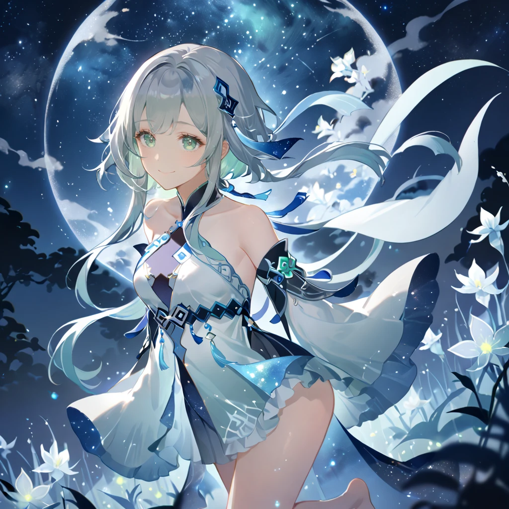 score_9, score_8_up, score_7_up, score_6_up,1girl, guizhong_\(genshin_impact\),(grey hair),short_hair_with_long_locks in front and low ponytail in back,gradient_hair,(pale grey eyes with seafoam gradient),starry_sky_print,detached_sleeves white outside blue starry inside, hands completely hidden by long sleeves,stunning field of softly glowing cerulean and white glaze lilies,night scene,gentle smile,face focus, eye focus,ladyshadow,moonlight,glossy lips,vivid anime coloring,cel shading,smooth, soft dreamy focus,anklet,halter_top,white clothes,highly detailed,digital painting,bare_shoulders,barefoot,cool night tones, magical night scene,geo crystalflies,professional,anemo colored fireflies,nebula of stardust and silvery vapor,harmonious blend of nature and art,transcendent beauty,awe-inspiring artwork,(best quality,4k,8k,highres,masterpiece:1.2),yunamaro,carnelian,dsmile,cosmic stardust,guizhong, guizhong's def clothes, 1girl, long hair, blue eyes, barefoot, guizhong's dress, hair ornament, chinese clothes, sleeves past fingers,