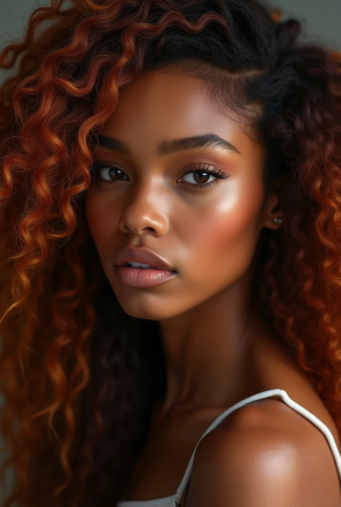 Black girl with long curly copper-colored hair and dark brown eyes