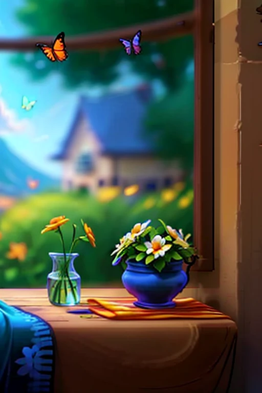 Landscape Painting, flowers on the table, colorful butterflies, Highest quality, perfect background,Beautiful sky, beautiful light