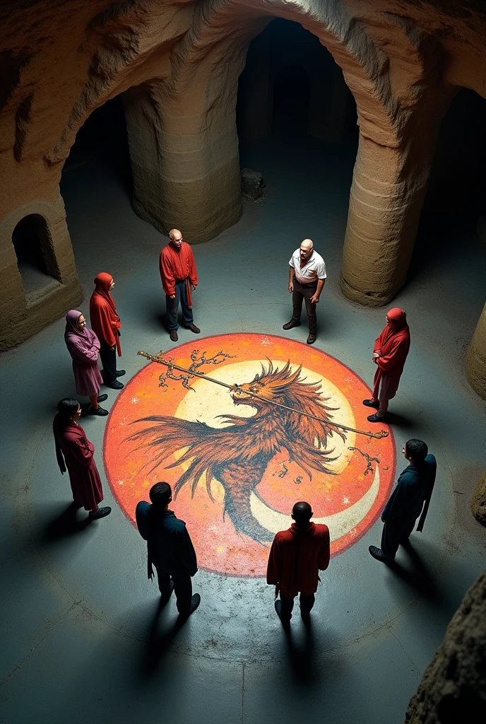 Six people wearing headscarves surrounding a large magic jin painted on a dark underground floor