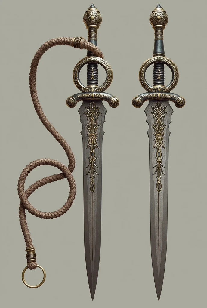 A single dagger in the shape of a treble clef, with intricate design on the blade and handle. From the base of the handle, A flexible whip is extended along its length, which is decorated with small bells or resonators.. The whip can be coiled into the handle or deployed as needed..

