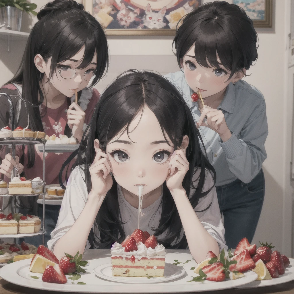A picture of a girl eating a cake with strawberries, artwork in the style of Gweitz, by Hikari Shimoda, inspired by Hikari Shimoda, Gweitz on artstation pixiv, Gweitz on pixiv artstation, Gweitz, Gweitz masterpiece, Beeple and Jeremiah Kettner, Eat cake, By Chen Yanjun