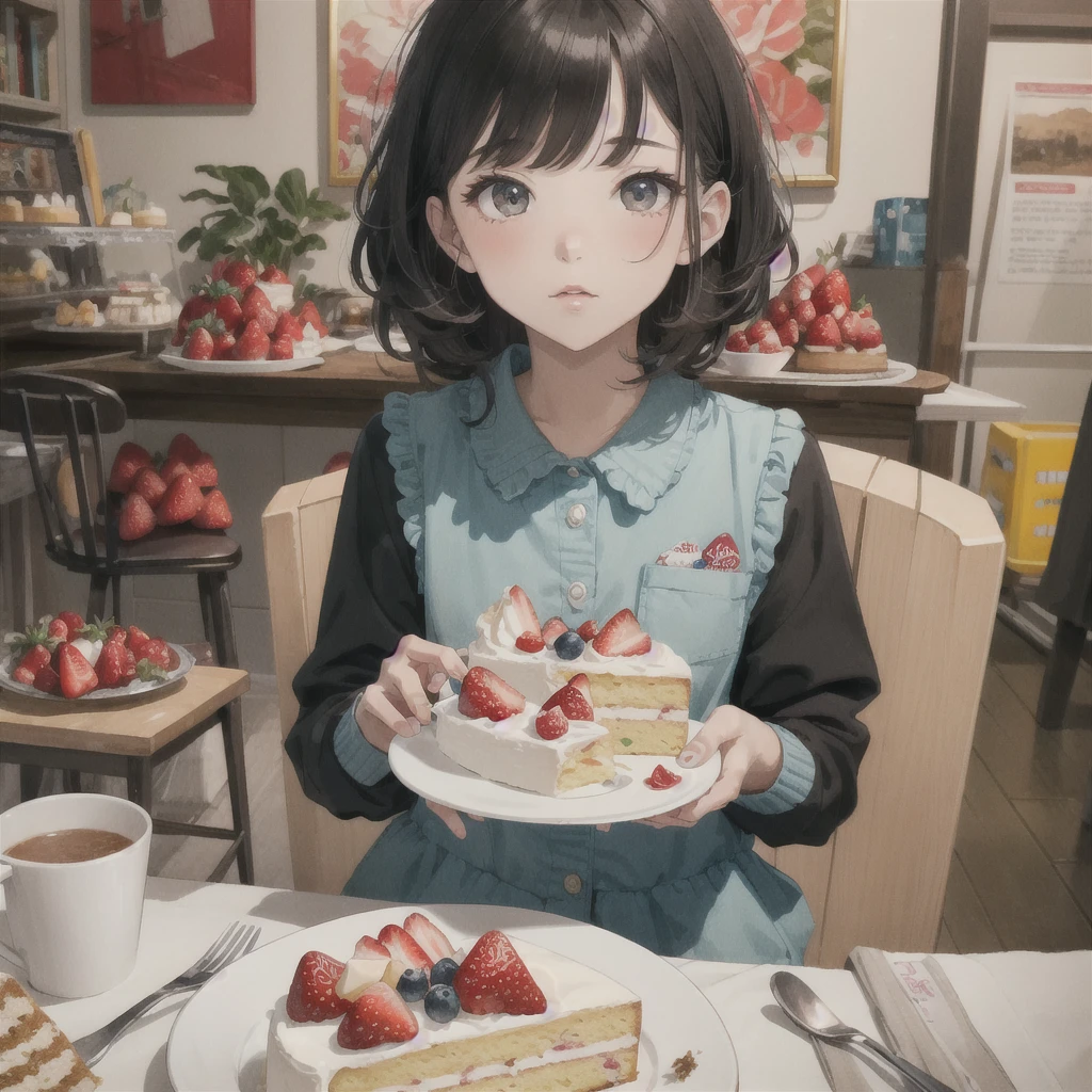 A picture of a girl eating a cake with strawberries, artwork in the style of Gweitz, by Hikari Shimoda, inspired by Hikari Shimoda, Gweitz on artstation pixiv, Gweitz on pixiv artstation, Gweitz, Gweitz masterpiece, Beeple and Jeremiah Kettner, Eat cake, By Chen Yanjun