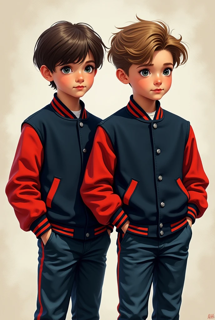 The cover of a book.
two boys, dressed in dark blue suit-type trousers.
A black varsity jacket with red sleeves showing from the front