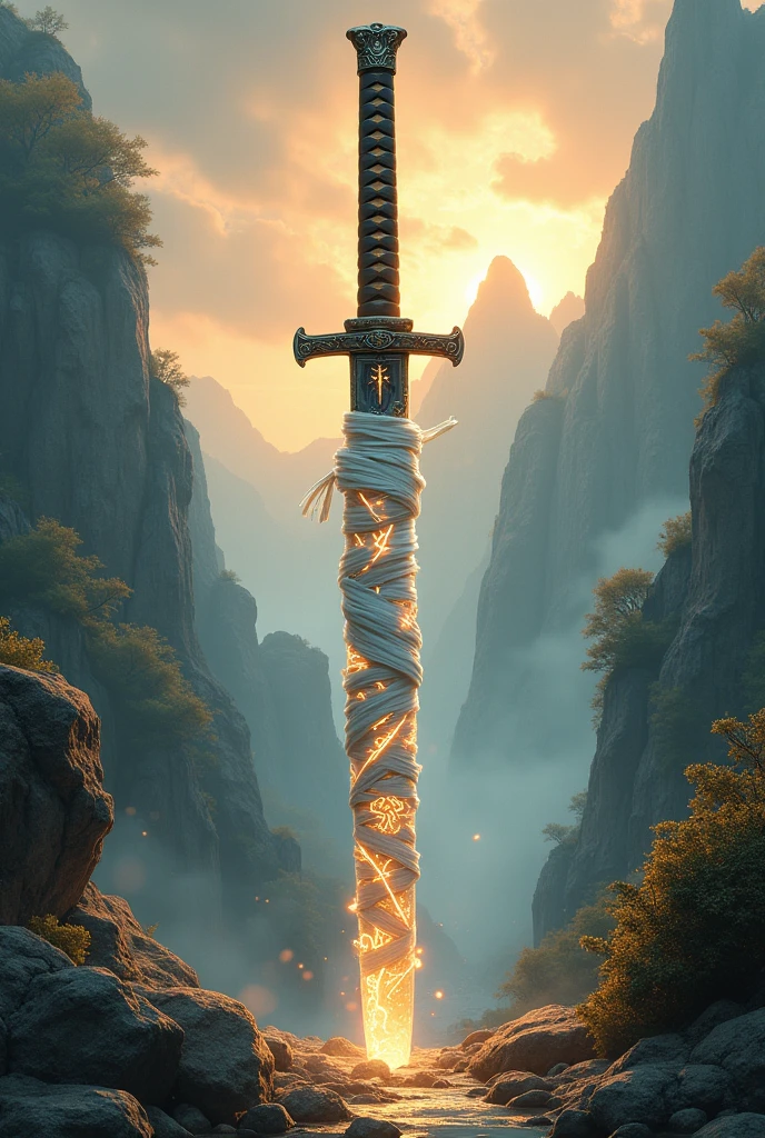 Katana with the blade wrapped in white bandages with symbols. (Use a fantasy art style)