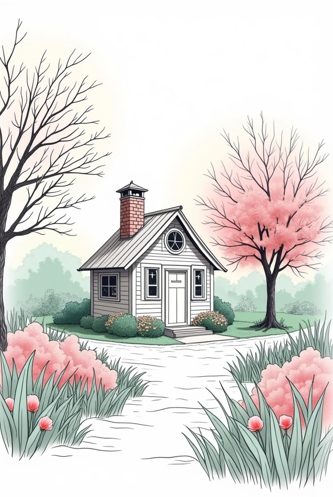 Line art beautiful garden with a small house in spring
only line