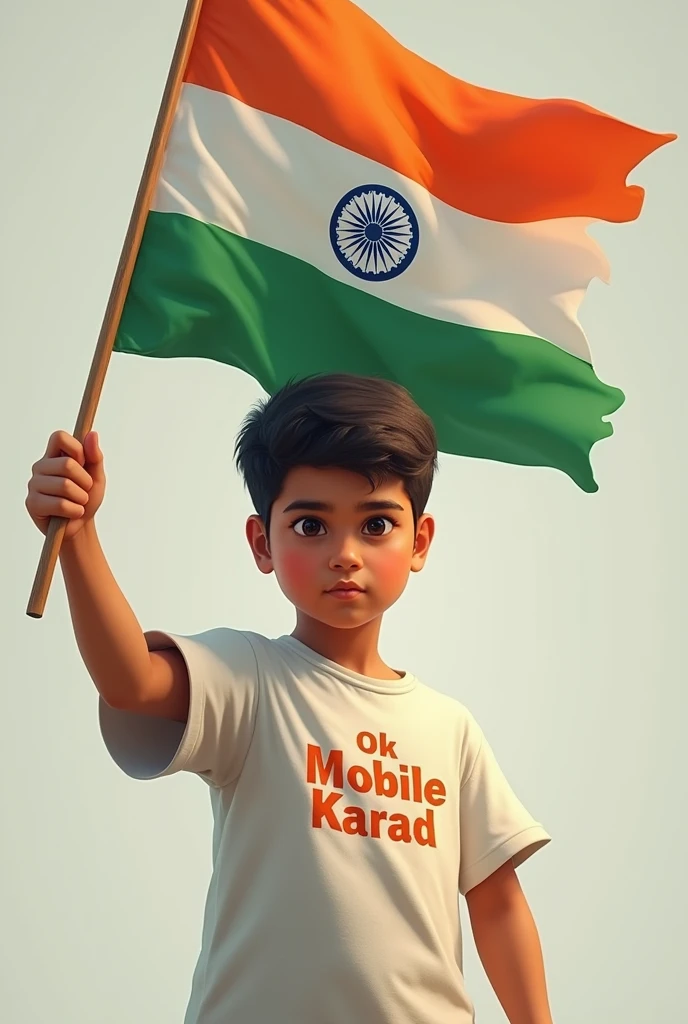 show Indian boy hold Indian flag in hand , on his tshirt Ok Mobile Karad text