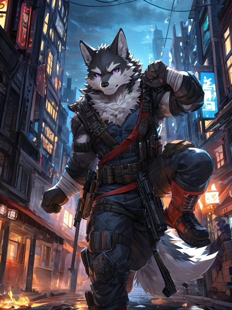 embedding:Single person, (black Wolf), Purple Eyes, (muscle发达的身体:0.60),Perfect eyes, Handsome,Scars on face,Killer,(whole body)(Black tights),(Express), Bustling city background,(close up),(Serious eyes:1.3),side,(Wolf ears),(Wolf Tail),Perfect masterpiece,Mist蒙蒙,Rooftop,(16K),Solitary(individual),((Strong)),(站在night高楼Rooftop场景),(night,Mist弥漫),Perfect proportion,(night的高楼Rooftop:1.4),Killer,(Keep your mouth shut,站在Rooftop,Cold expression,nervous:1.1),(medium distance:1.1)Strong,muscle,action,apparel,(Carrying a gun),Holding a mobile phone,Tactical equipment,(night:1.1),Mist,more details,dark,CG,Adult,The highest quality of scene detail,Best quality hands, best quality eye,detailed fur,Delicate eyes.Extreme picture quality,by sollyz,by zixiong,by milkytiger1145
