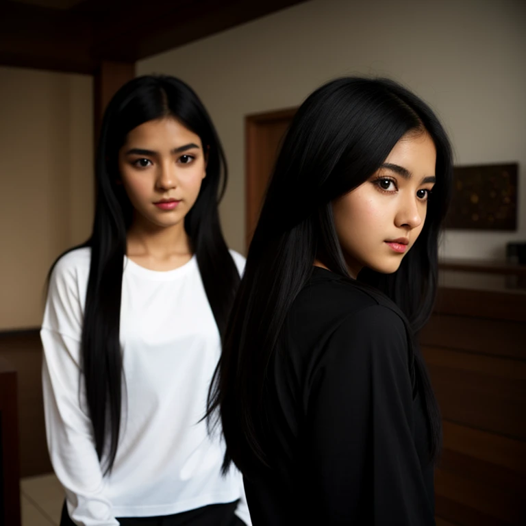body photo, beautiful detailed, cute face, short, slim Guanajuato , long black hair, black hair over one eye, long sleeve plain T-shirt, long pants, fat wide hips, solo,