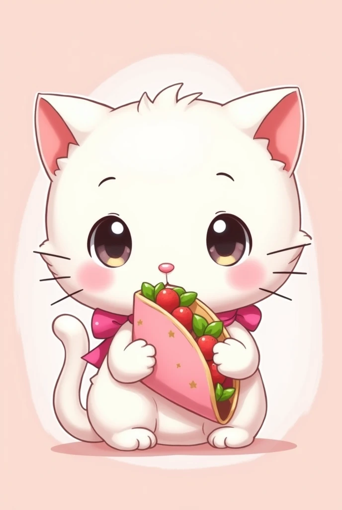 Cat with a pink ribbon collar, hello kitty style, white, studio ghibli style, eating a pink tortilla taco, anime style, in the shape of a logo with a pink logo-like background