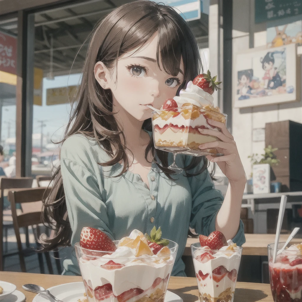 Photo of a girl eating a strawberry parfait, artwork in the style of Gweitz, by Hikari Shimoda, Inspired by Hikari Shimoda, Gweitz on artstation pixiv, Gweitz on pixiv artstation, Gweitz, Gweitz masterpiece, Beeple and Jeremiah Kettner, Eat a parfait, By Chen Yanjun