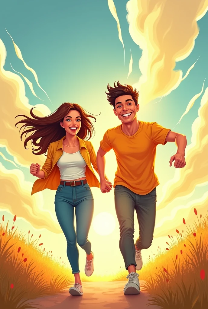 A couple hold hand, run and smile, sun and wind, comic pic