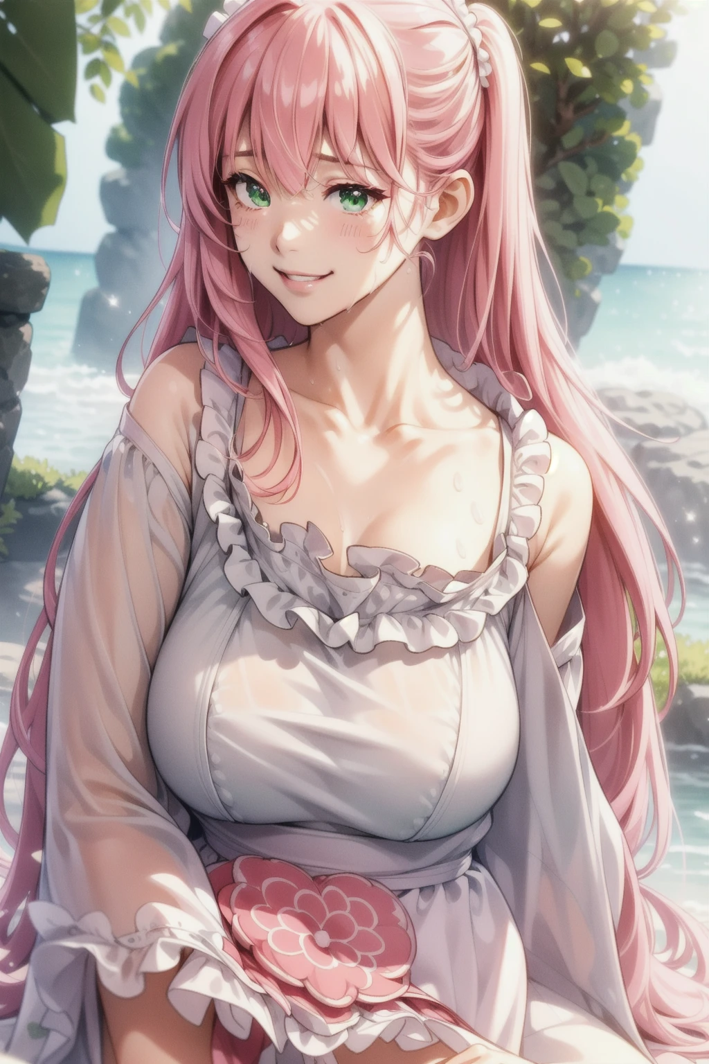 (high resolution、High resolution、Attention to detail)、Anime Style、Enjoy the frilly blouse、solo、Curvy Women、Pink Hair、Green Eyes、Long Hair、Half Twin Tail、bangs、、Sparkling eyes、(Attention to detail瞳:1.2)、(smile)、blush、Sweat、Oily skin、(Focus on the face)、Shallow depth of field、natural environment