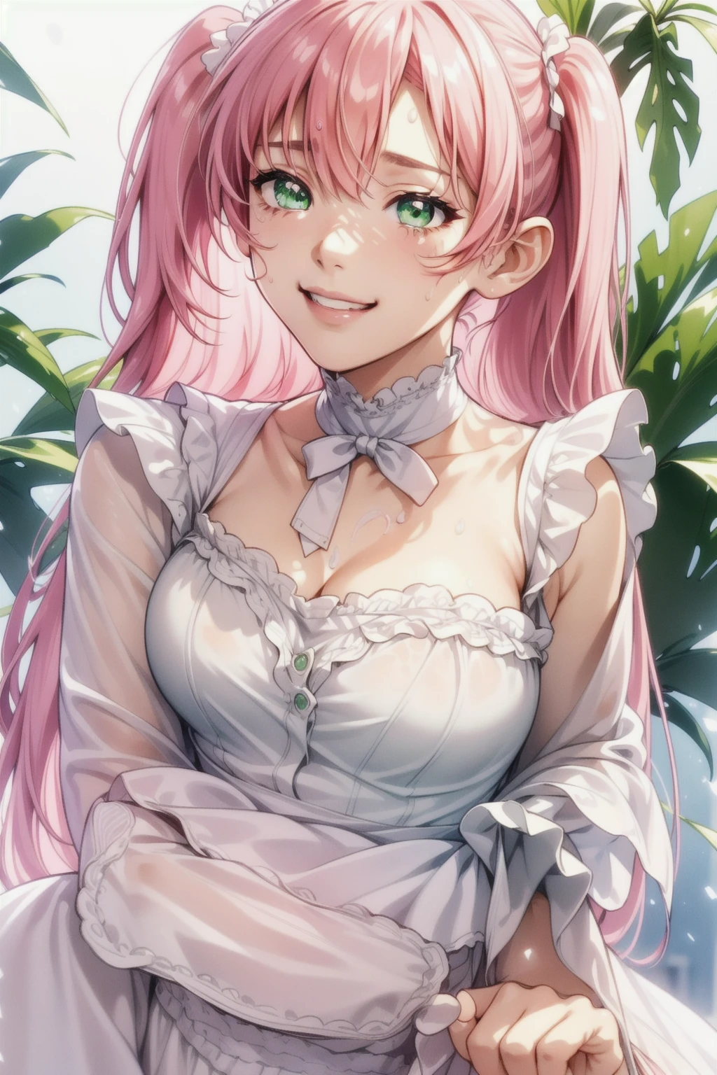 (high resolution、High resolution、Attention to detail)、Anime Style、Enjoy the frilly blouse、solo、Curvy Women、Pink Hair、Green Eyes、Long Hair、Half Twin Tail、bangs、、Sparkling eyes、(Attention to detail瞳:1.2)、(smile)、blush、Sweat、Oily skin、(Focus on the face)、Shallow depth of field、natural environment