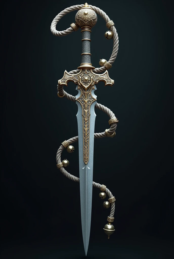 A single dagger in the shape of a treble clef, with intricate design on the blade and handle. From the base of the handle, A flexible whip is extended along its length, which is decorated with small bells or resonators.. The whip can be coiled into the handle or deployed as needed..

