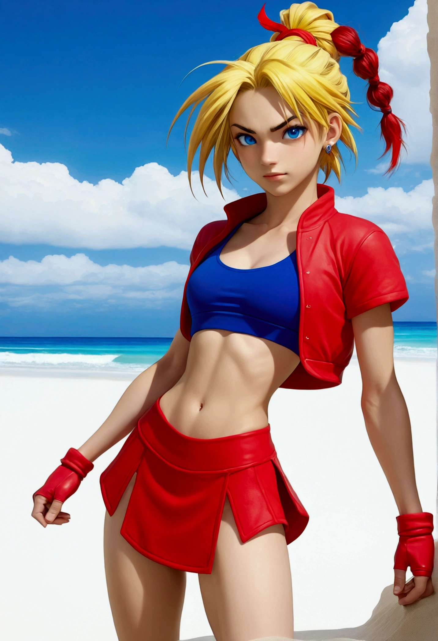 (Whole body view), (Kid from Chrono Cross:1.4), (chrono cross Kid:1.4), yellow hair in high ponytail braid, big sapphire blue eyes, tight red micro skirt with high front slit, (red micro skirt:1.3), high cropped red jacket with short sleeves, (red jacket:1.3), 3/4 cropped short-sleeved jacket, wearing skin-tight white sports bra under jacket, (tight white sports bra), loose leather ankle boots, very slender toned frame, medium bust, pale white skin, (pair of white claw marks on both inner thighs) , fierce expression, 1/4 walking pose, on a white sand beach with ocean spray shooting up behind her