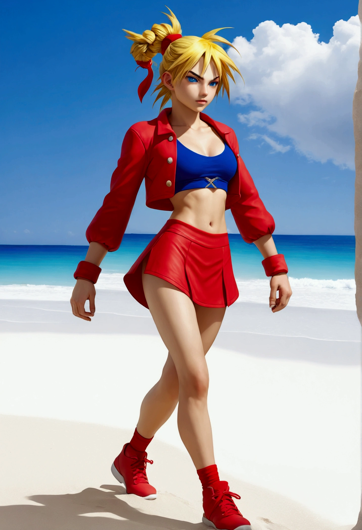 (Whole body view), (Kid from Chrono Cross:1.4), (chrono cross Kid:1.4), yellow hair in high ponytail braid, big sapphire blue eyes, tight red micro skirt with high front slit, (red micro skirt:1.3), high cropped red jacket with short sleeves, (red jacket:1.3), 3/4 cropped short-sleeved jacket, wearing skin-tight white sports bra under jacket, (tight white sports bra), loose leather ankle boots, very slender toned frame, medium bust, pale white skin, (pair of white claw marks on both inner thighs) , fierce expression, 1/4 walking pose, on a white sand beach with ocean spray shooting up behind her