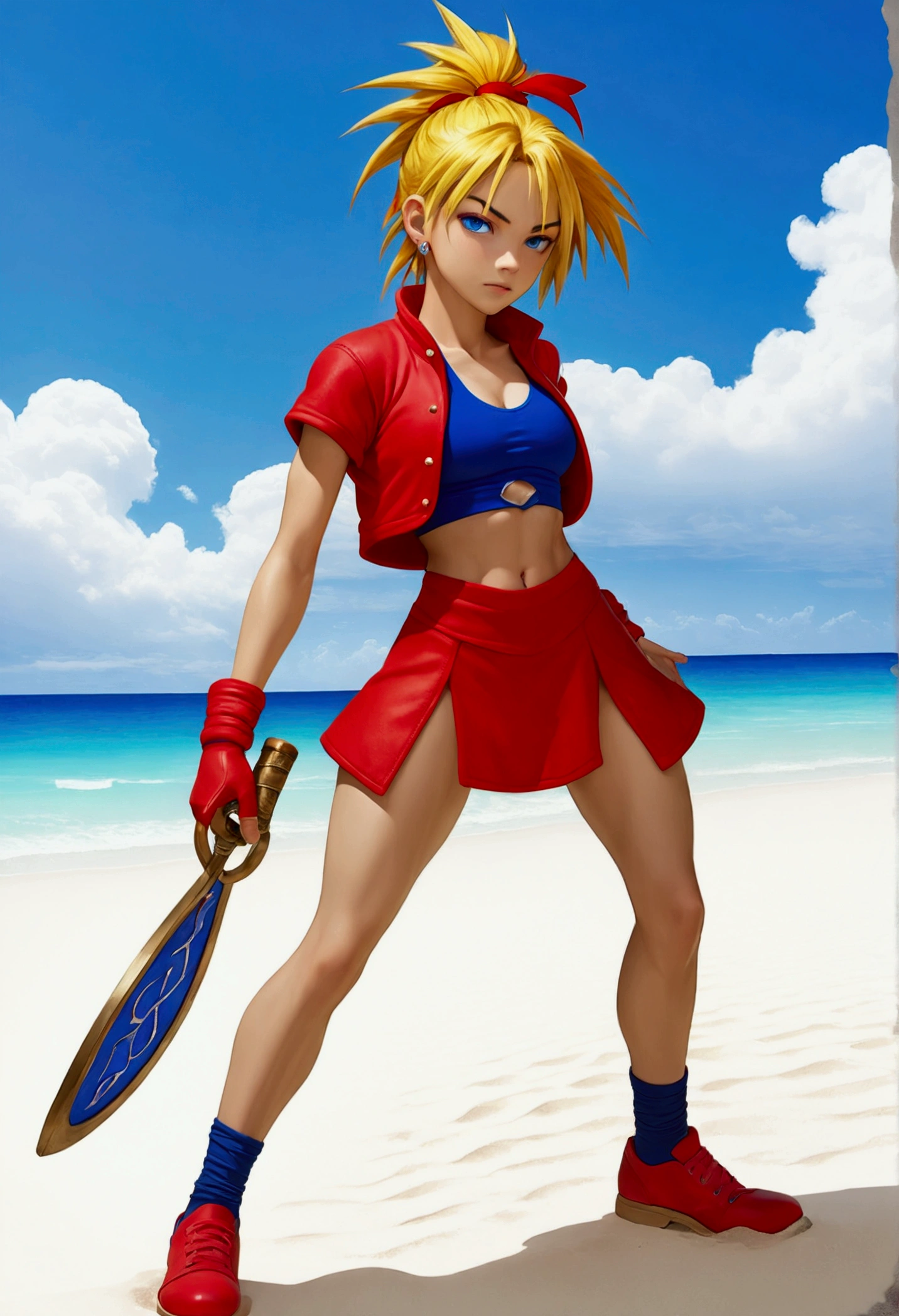 (Whole body view), (Kid from Chrono Cross:1.4), (chrono cross Kid:1.4), yellow hair in high ponytail braid, big sapphire blue eyes, tight red micro skirt with high front slit, (red micro skirt:1.3), high cropped red jacket with short sleeves, (red jacket:1.3), 3/4 cropped short-sleeved jacket, wearing skin-tight white sports bra under jacket, (tight white sports bra), loose leather ankle boots, very slender toned frame, medium bust, pale white skin, (pair of white claw marks on both inner thighs) , fierce expression, 1/4 walking pose, on a white sand beach with ocean spray shooting up behind her