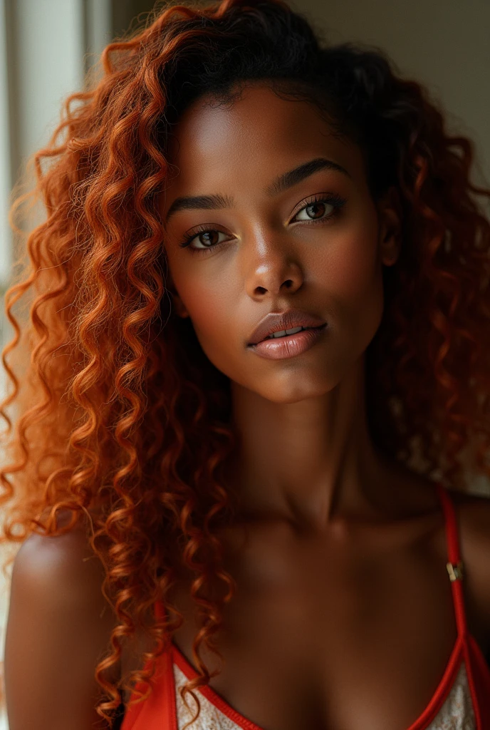 Black woman with long curly copper-colored hair and dark brown eyes