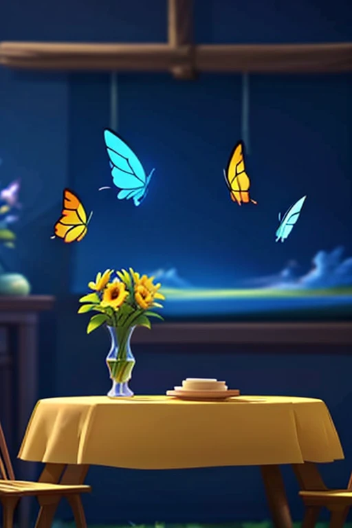 Landscape Painting, flowers on the table, colorful butterflies, Highest quality, perfect background,Beautiful sky, beautiful light