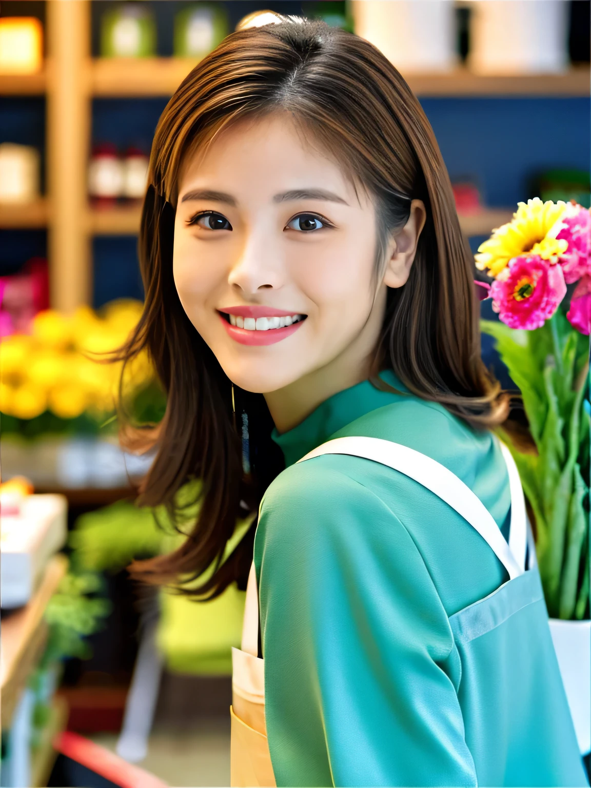 (highest quality、table top、8k、best image quality、Award-winning work)、Beauty of Spain、Spanish face、flower shop clerk、brown eyes、golden and brown hair、beautiful wavy hair、blurred background、The most natural and perfect flower shop interior、The store is decorated with many flowers...、There are many flowers lined up in the store...、Look back with a smile、long sleeve sweatshirt、The most natural and perfect apron、big breasts、emphasize the fullness of the chest、look at me with the best smile、very bright and vivid、perfect makeup、long eyelashes、close up of face、ultra high resolution glossy lips、Super high resolution glossy skin、super high quality hair、Super high-definition sparkling eyes、Super high resolution perfect teeth、Ultra high definition beauty face、Perfect flower shop interior in ultra high resolution