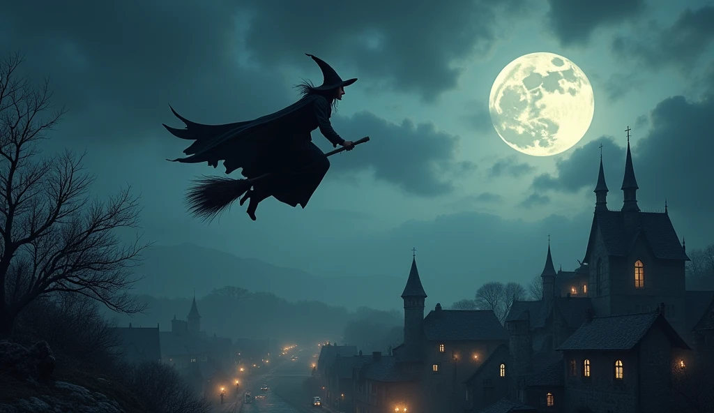 A witch soaring through the sky on her broomstick, high above a medieval village, with a full moon illuminating the scene, detailed textures and realistic lighting