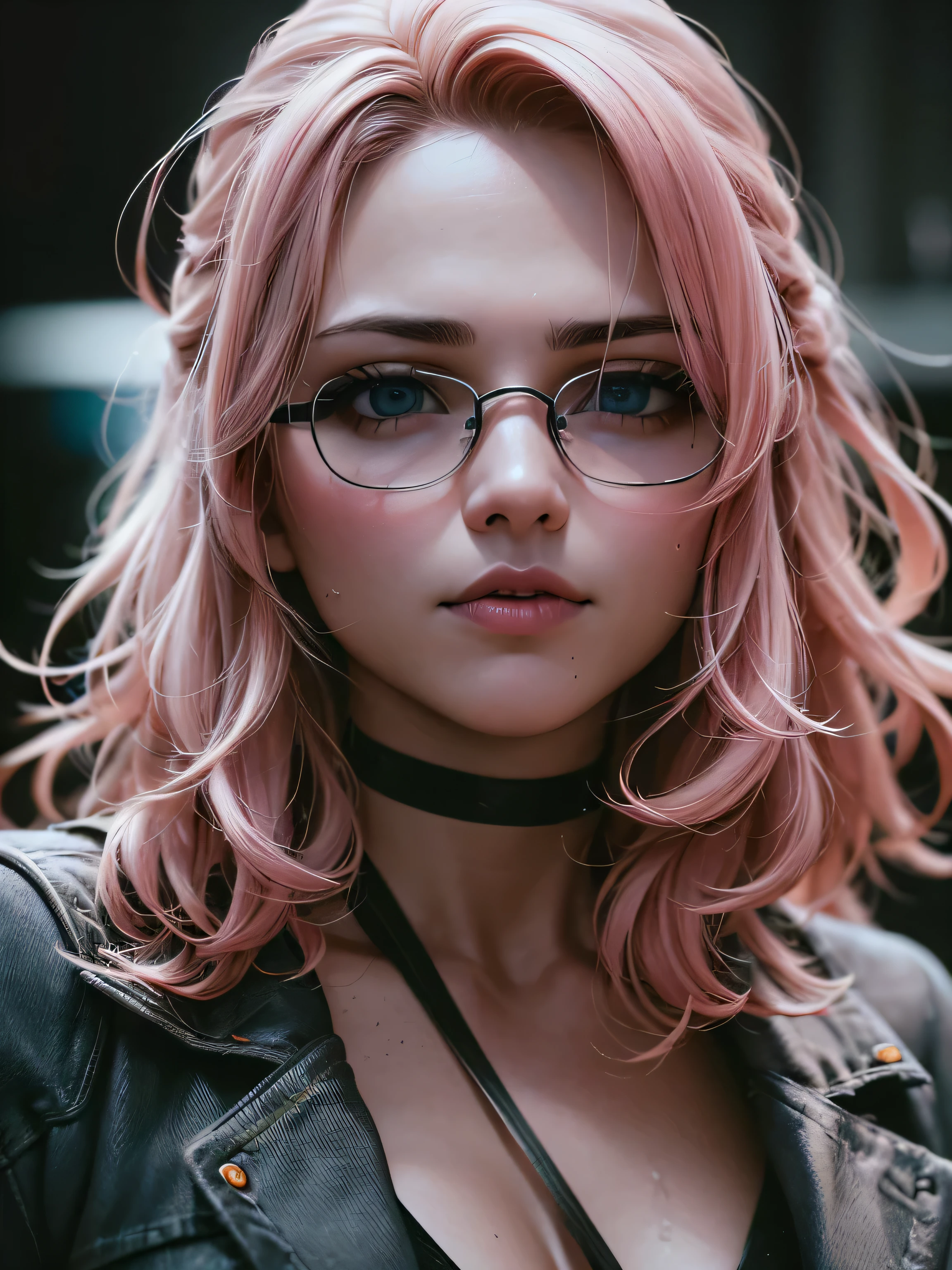 Full face portrait photo of a 25-year-old European girl, RAW, beautiful woman, beautiful lips:5, dimples, wistful look, (extra-long wavy pink-blond hair), ((detailed face)), ((detailed facial features)), (finely detailed skin), tanned skin, (deep neckline detailed casual clothing), cyberpunk neon city lights, (cool colors), damp, reflections, (masterpiece) (perfect proportion)(realistic photo)(best quality) (detailed) shot on a Canon EOS R5, 50mm lens, F/2.8, HDR, (8k) (wallpaper) (cinematic lighting) (dramatic lighting) (sharp focus) (intricate), RAW photo, RAW photo, gigachad photo, posing for camera, black jeans, back arms, 8k uhd, dslr, high quality, grain film, Fujifilm XT3, film stock photography 4 kodak portra 400 camera f1.6 lens rich colors hyper realistic texture dramatic lighting unrealengine trend in artstation cinestill 800 tungsten, toughboy style, ultra focus face, intimidating, in fighting position, short messy hair, muscular, bursting veins, beaded, (SUNGLASSES)