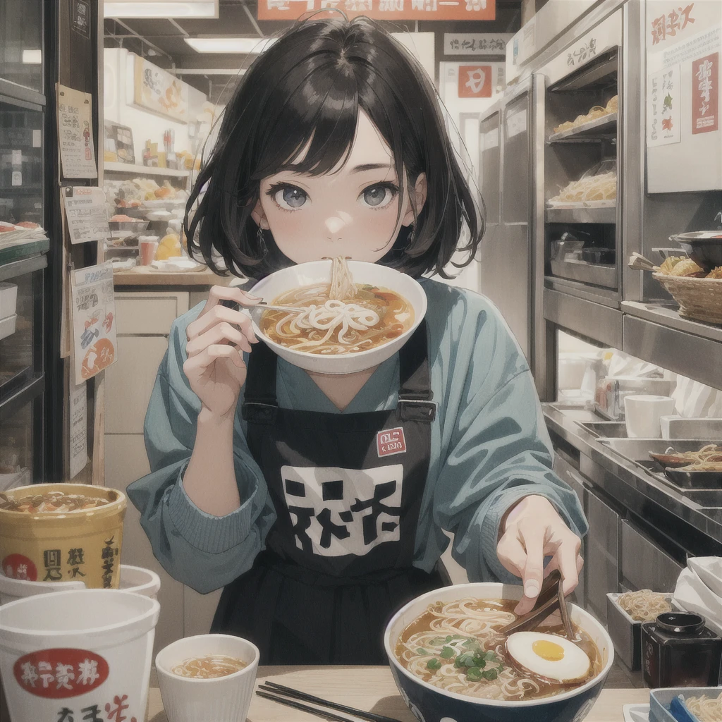Photo of a girl eating ramen, artwork in the style of Gweitz, by Hikari Shimoda, Inspired by Hikari Shimoda, Gweitz on artstation pixiv, Gweitz on pixiv artstation, Gweitz, Gweitz masterpiece, Beeple and Jeremiah Kettner, Eat ramen, By Chen Yanjun