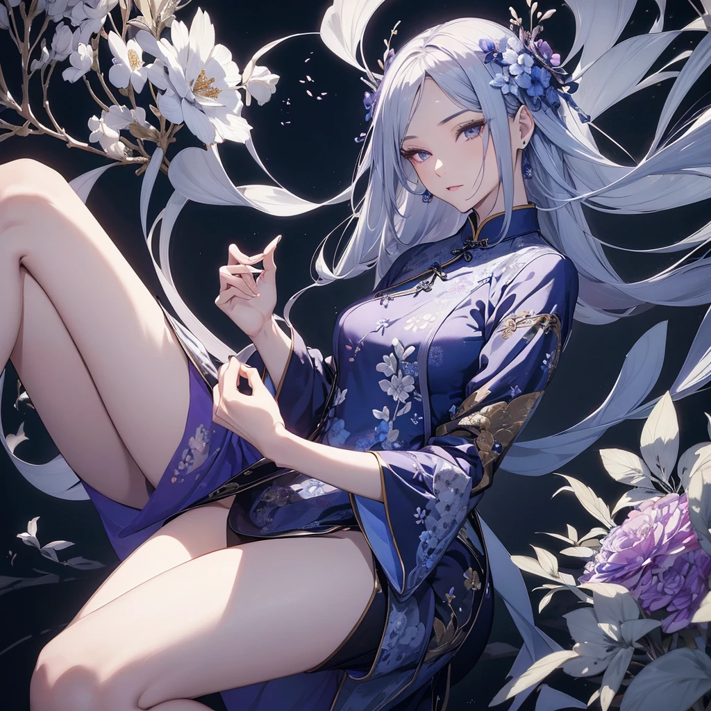 Wearing indigo cheongsam(Long silk cheongsam in color and silver embroidered flowers )Oriental beautiful girl with perfect anatomy beautiful elegant art masterpiece background is(minimalist abstract plane)Abstract blur dynamic monochrome light basket oriental ink painting style clean clear colors super detailed animation art perfect composition intricate details meticulous digital art