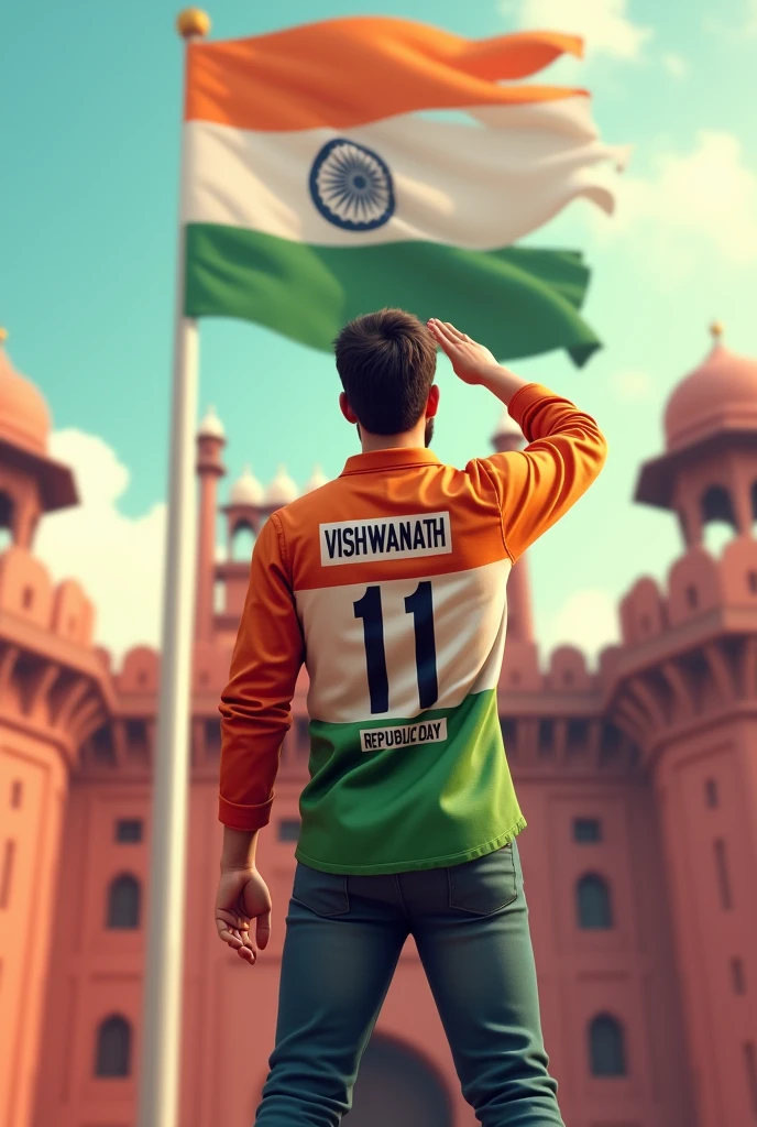 a 40 years old young man salutes the national flag of bharat and he is wearing a shirt print is like bharat flag and "VISHWANATH" and 11 number and republic day in small but small is written on it's back in big and bold fonts, 3d illustration, IN LAL KILA DELHI