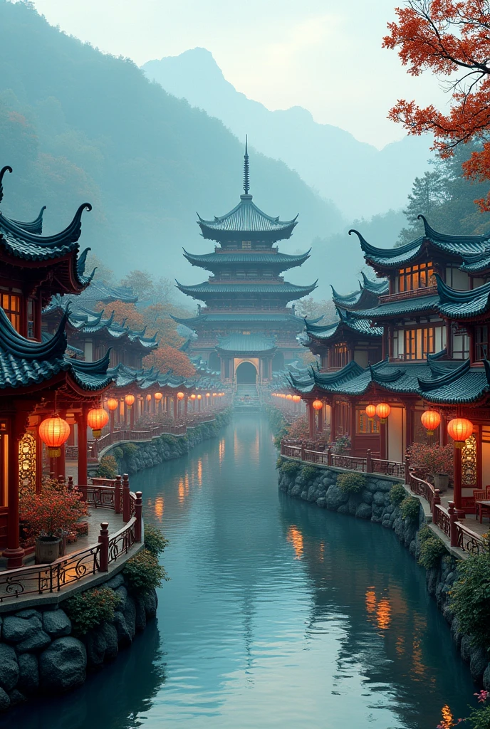 busy asian shops japanese chinese style with a winding river canal like venice curved in s shape, in the middle focal point big rounded pagoda in an island surrounded by the river epic scale,background is castle in the mountains