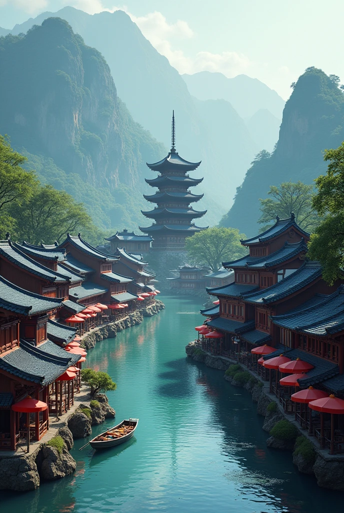 busy asian shops japanese chinese style with a winding river canal like venice curved in s shape, in the middle focal point big rounded pagoda in an island surrounded by the river epic scale,background is castle in the mountains