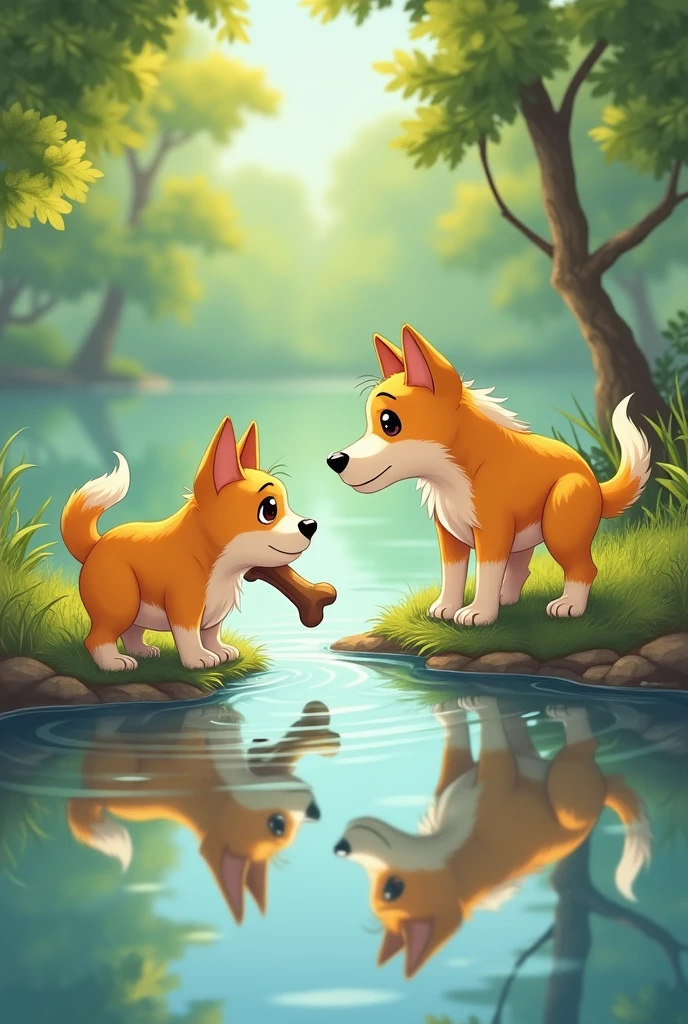 Illustrate yellow-orange and white dog at the riverbank, looking at his reflection in the water, which makes him think he sees another dog with a bone in his mouth