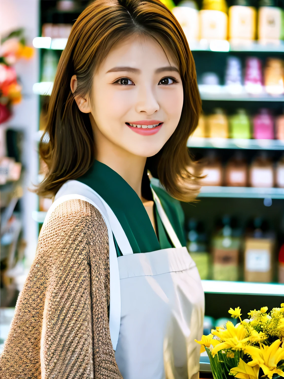 (highest quality、table top、8k、best image quality、Award-winning work)、Beauty of Spain、Spanish face、flower shop clerk、brown eyes、golden and brown hair、beautiful wavy hair、blurred background、The most natural and perfect flower shop interior、The store is decorated with many flowers...、There are many flowers lined up in the store...、Look back with a smile、long sleeve sweatshirt、The most natural and perfect apron、big breasts、emphasize the fullness of the chest、look at me with the best smile、very bright and vivid、perfect makeup、long eyelashes、close up of face、ultra high resolution glossy lips、Super high resolution glossy skin、super high quality hair、Super high-definition sparkling eyes、Super high resolution perfect teeth、Ultra high definition beauty face、Perfect flower shop interior in ultra high resolution