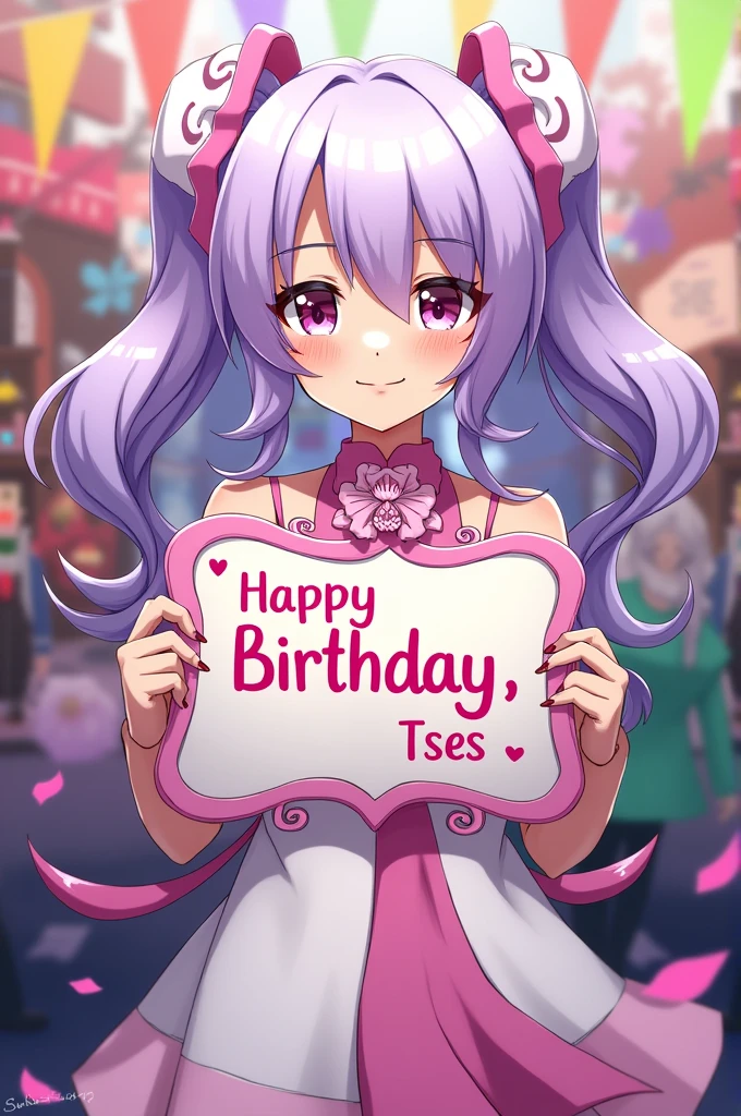 Do the following: With anime style, create an image where the character Squigly from Skullgirls is, holding a sign that says "Happy Birthday, Tses" while smiling