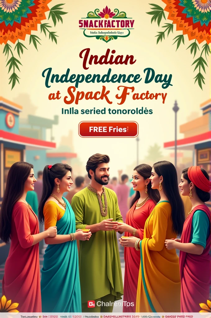 Create a poster for my cafe called 'snack factory' the theme is 'indian independence day' the content is "come in traditional and grab your free fries tomorrow soon" you can rewrite the above sentence better and leave space to add logo