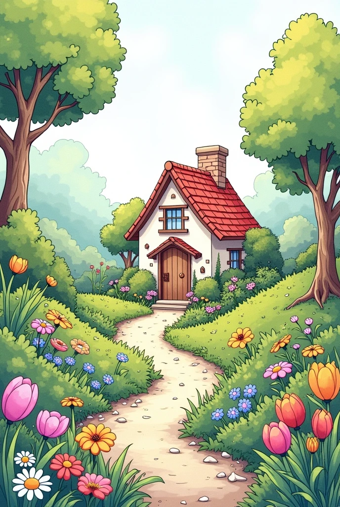 Line art for coloring
beautiful garden with a small house in spring