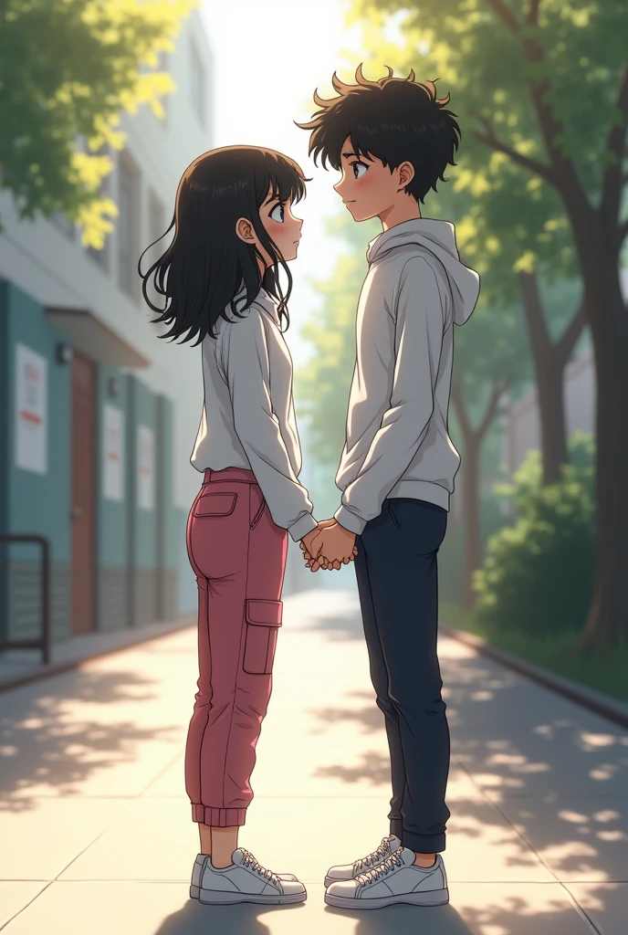She is short and has dark wavy hair and a little white, she wears pink cargo pants and white sneakers and a white blouse. She is a teenager, , and has a white long-sleeved blouse inside the blouse and is very beautiful. She is a little brunette but white. She has a white boy who is bigger than her and has curly hair, a little tall. They are exes, but he still likes her, but she is with someone else. She is 14 and he is5. They are wte, they are at school, they are distant.